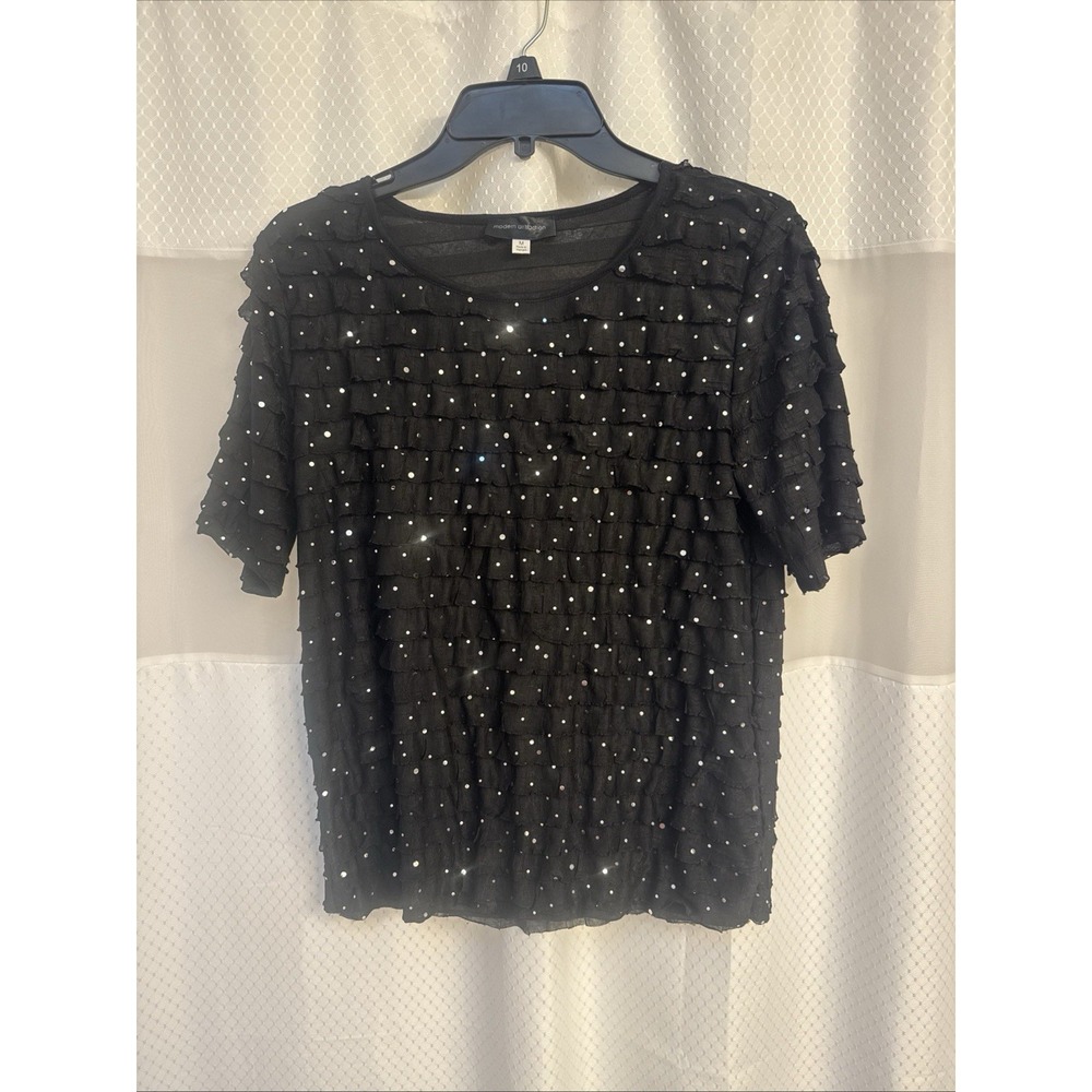 Vintage Modern Attraction Blouse Ruffle Black W Silver Sparkle Medium Women's